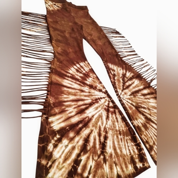 REGULAR LENGTH Tie Dye High Waisted Fringe Bell Bottoms - Festival Tie Dyed Pant - Picture 7 of 16